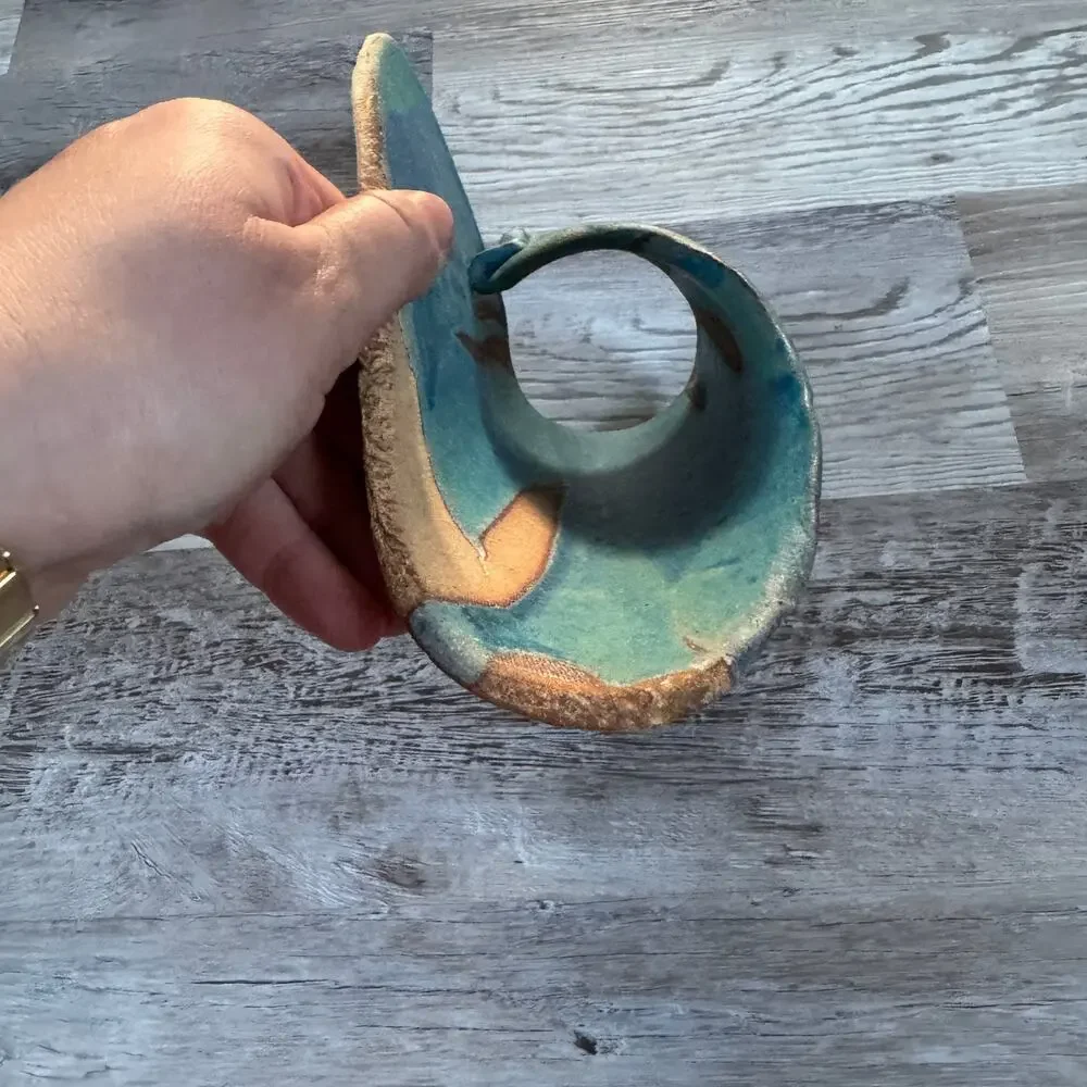 Handmade Studio Pottery Turquoise Wall Pocket Vase Organic Modern Coastal Decor